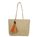 Beige straw tote bag with rainbow woven details and decorative orange tassels - Standard Type / Off White