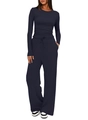 Dettaglio del tessuto in maglia blu scuro e della vita alta con coulisse dei pantaloni - XS / Blu scuro