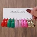Set of 4 colorful acrylic and metal C-shaped hoop earrings in red green pink and gold - E0604-1 Red Green Pink Gold Set