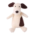Corduroy plush puppy dog chew toy with squeaker and brown patch design on white background - Beige Dog