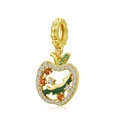 Golden apple pendant charm with sparkling white zircons and green enamel leaves - 925 Sterling Silver / Hollow Apple (PD1016)