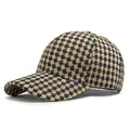 Classic houndstooth baseball cap in navy blue and beige woven fabric, curved brim style - Adjustable / Navy Blue