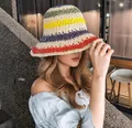 Colorful striped crochet bucket hat featuring multi-colored horizontal wavy patterns - M (56-58cm) / Rainbow Crochet-Beige
