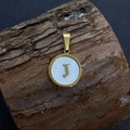 Natural sea shell round pendant with golden letter J and white mother of pearl inlay - Letter J / 17x20mm