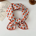 Floral cotton linen square scarf with orange and blue zigzag pattern and lace trim - Orange Blue Arrow