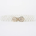 Elegant white triple-row pearl elastic belt with a decorative golden bow buckle - Gold Pearl Bow Buckle