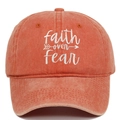 Detailed view of faith over fear white embroidery on vintage orange washed cotton cap - Adjustable / Orange