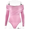 Detail of pink off-shoulder bodysuit featuring criss-cross waist pleats and smooth fabric - S / Pink