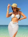 Three-piece white bikini set with mesh long skirt and starfish buckles on beach - S / White