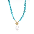 Bohemian turquoise gravel necklace featuring a white baroque pearl pendant and toggle clasp - Turquoise Green