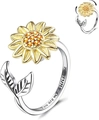 Detail of sunflower spinner ring with engraved You are my sunshine text and rotatable flower - Adjustable Open / Leaf Sunflower (Engraved)