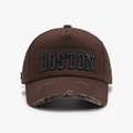 Distressed dark brown baseball cap with 3D City Boston embroidery and vintage frayed brim - Adjustable / Dark Coffee(24A231)