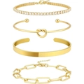 Set of 4 gold-plated titanium steel bracelets with zircon tennis chain and knot cuff - Gold Zirconia Paperclip Bangle 4-Piece Set / Four-Piece Set