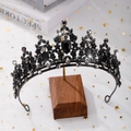 Gothic black bridal tiara with rhinestones and vintage wooden display stand - No Comb Black Base - Black Rhinestone