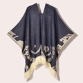 Navy blue knitted poncho with beige patterns and fringe tassels for women's winter warmth - 130x150cm / Pullover Poncho Origin Navy Blue