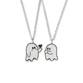 Colliers couple fantômes mignons en acier inoxydable argenté avec cœur pour Halloween - Style chaîne en acier inoxydable