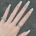 French tip coffin press-on nails with 3D heart rhinestones and silver rings on hand - HY278 Clear 3D Heart Rhinestone