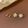 Minimalist gold ball and zircon flower stud earring set on warm textured background - 4-Piece Set (2 Pairs) / Gold