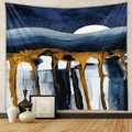 Detail of mountain tapestry with abstract moon hanging on a modern minimalist grey wall - Blue Mountain Golden Sand Moon (GT428-37)