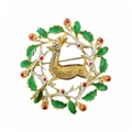 Detail of Christmas reindeer brooch with green enamel leaves and red berries - Reindeer Wreath