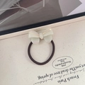 Creamy white acetate bow hair tie with France Handmade text and brown elastic band - Coffee Rope - Iridescent White