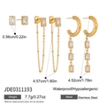 Detaillierte Größen- und Gewichtstabelle für drei goldene Edelstahl-Zirkonia-Ohrringe - Rechteckiges Stein-Set (JDE0311193)