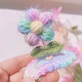 Handmade crochet puff flower hair clip in pastel macaron yarn with sparkling tinsel details - Pink Purple Blue Green Yellow Mixed (Style 2)