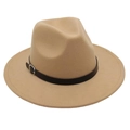 Close-up of khaki wool fedora hat featuring a black leather belt with a silver metal buckle - One Size / Camel