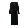 Elegante zwarte fluwelen midi-jurk met V-hals, lange mouwen en sprankelende kralen - XS / Zwart