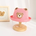 Pink straw sun hat for toddlers with cute bear embroidery and elastic wind strap - Dark Pink (Hat)