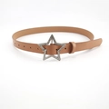 Close-up of camel brown PU leather belt featuring a sparkling rhinestone star-shaped buckle - Apricot