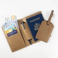 Brown cross-grain PU leather passport holder and luggage tag set with pen slot and card slots - Brown