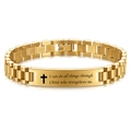 Goldenes Edelstahl-Armband mit eingraviertem Kreuz und Bibelvers im Uhrenarmband-Stil - Goldenes Kreuz