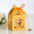 Laser cut heart wedding favor box in yellow finish with matching organza ribbon bow - Gold Yellow