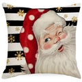 Funda de cojín navideña de Papá Noel con rayas negras y copos de nieve dorados - Santa Claus