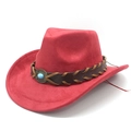 Red suede wide brim western cowboy hat with brown braided leather band and turquoise stone - M (56-59cm) / Wine Red (Faux Suede)