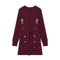 Deep wine red beaded knitted cardigan with waist belt and silver floral sequin patterns - S / Burgundy