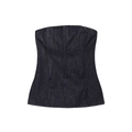 Front view of a slim-fit dark blue denim tube top with multi-panel stitching details - XS / Black
