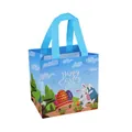 Sac cadeau de Pâques bleu ciel en intissé avec imprimé lapin, œufs et anses solides - XH42-Horizontal