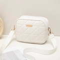 White quilted crossbody camera bag with metal detail and wide embroidered strap - White