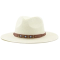 Close-up of straw fedora hat with brown leather band, rivets and turquoise beads - Creamy White