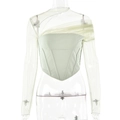 Top a corsetto verde chiaro attillato con maniche lunghe in mesh trasparente su bianco - M / Verde