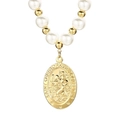 Saint Christopher pendant necklace with white faux pearls and gold stainless steel chain - Gold (KN20668-Z)