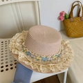 Beige flat top straw sun hat with delicate lace trim and colorful floral embroidery detail - Three-Color Lace Straw Hat Pink