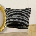 Winter striped knitted cat ear beanie hat with black and grey crochet handmade texture - Black Grey Stripe