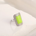 Adjustable silver star ring with fluorescent green rectangle and pebble texture - Adjustable Open / Steel Color Square Green
