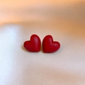 Detail of red matte heart stud earrings on soft champagne silk fabric background - 25# Silver Earring Post - Red - Heart