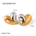 Detail showing two-tone heart earrings with gold and silver polished metal finish - Stud Earrings / Gold and Silver Mixed Heart Stud Earrings (JDE2306066-MIX)