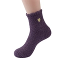 Detail of soft purple coral fleece sock with a golden heart embroidery on the ribbed cuff - One Size / Embroidered Heart Purple
