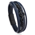 Close-up of blue layered leather bracelet with black musical treble clef metal detail - Musical Note Dark Blue